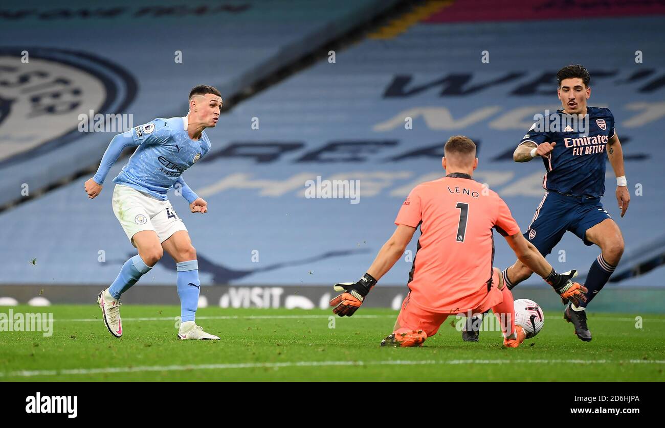 Manchester City's Phil Foden has a shot on goal during the Premier League match at the Etihad Stadium, Manchester. Stock Photo