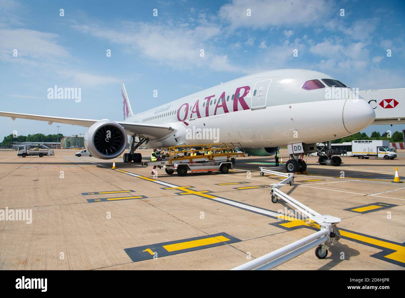 A Qatar Airways aircraft at Gatwick Airport on May 22, 2018 in London