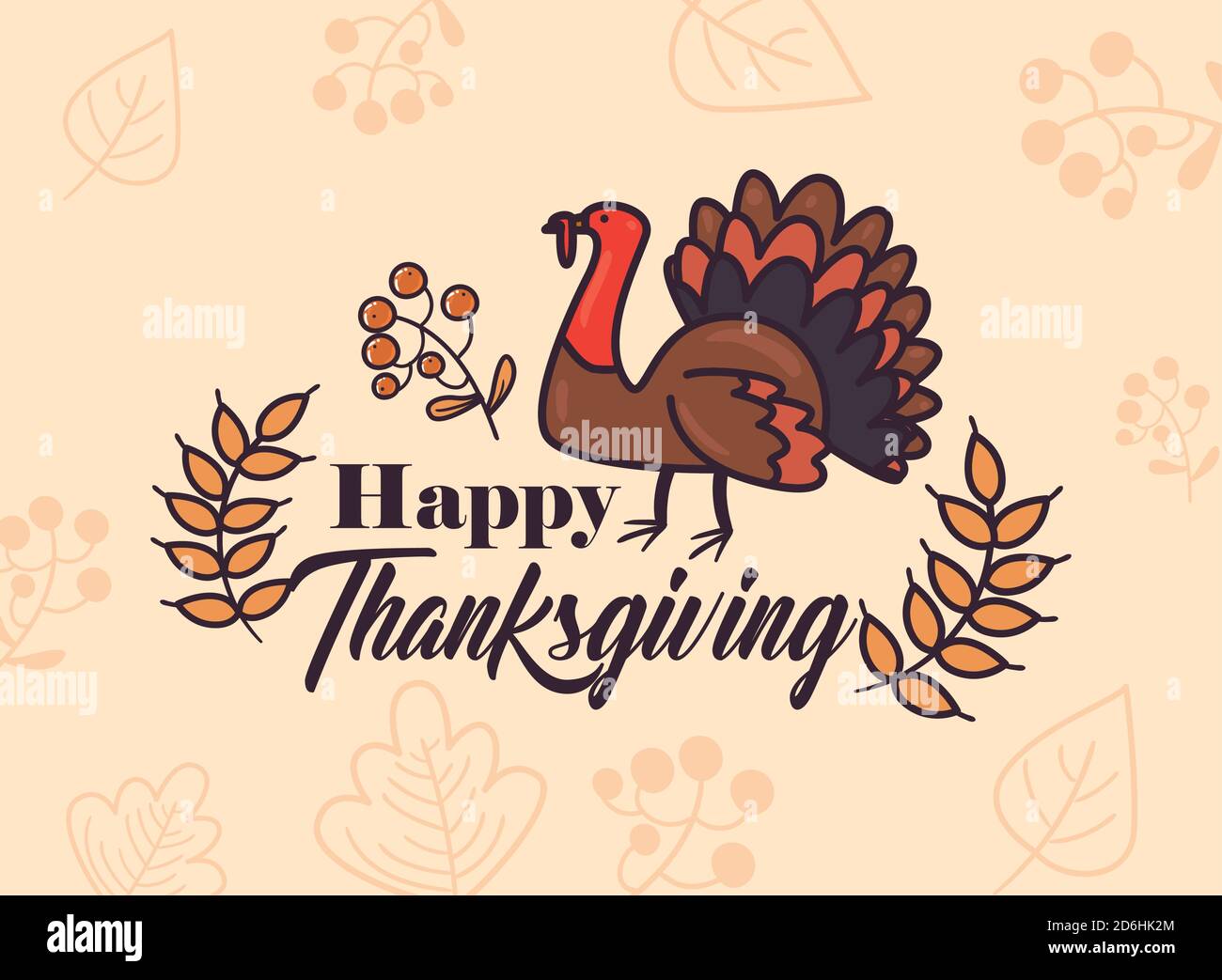 happy thanksgiving day turkey with leaves line and fill style icon ...