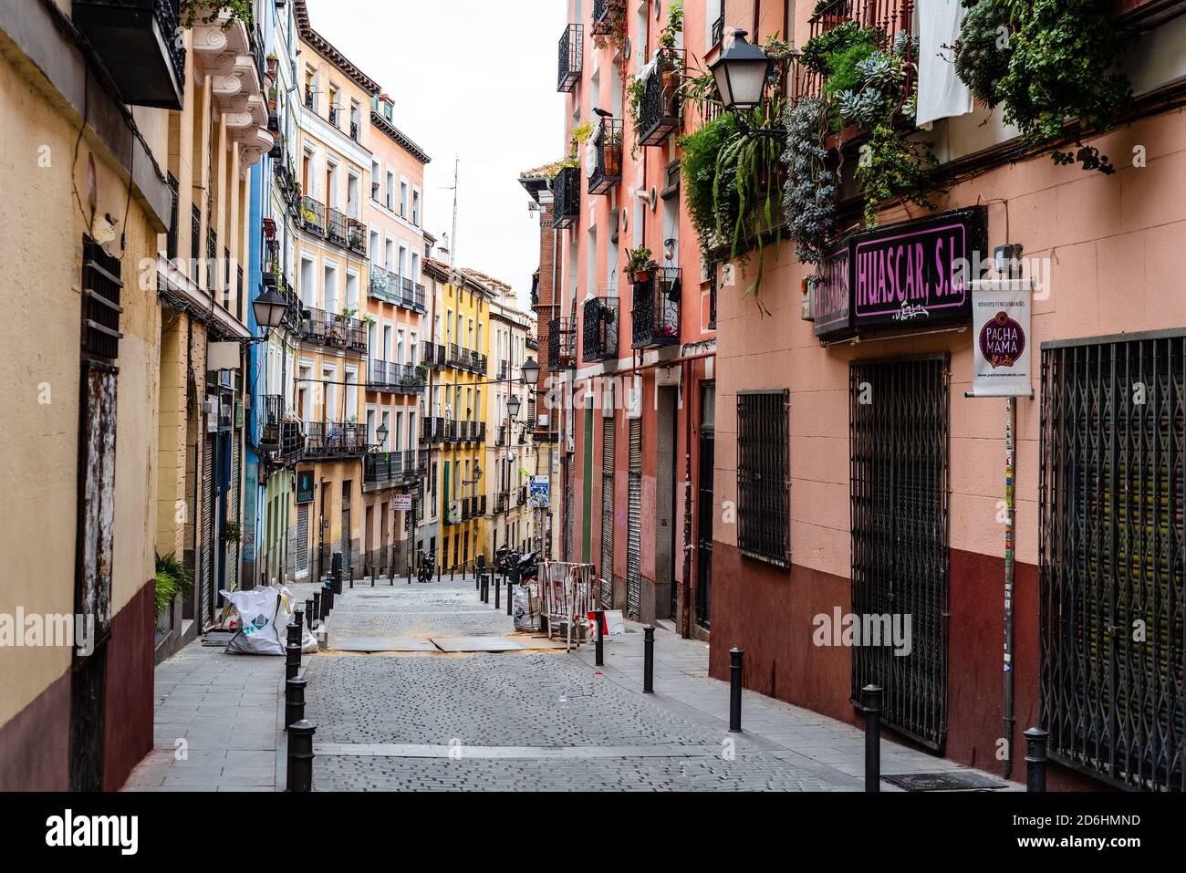 Traditional street in Embajadores area in Lavapies quarter in central Madrid. Lavapies is one of the coolest neighbourhood in the world. Stock Photo