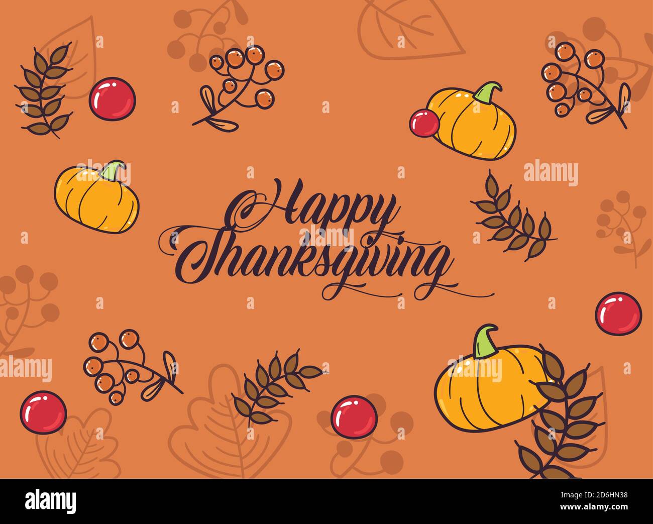 happy thanksgiving day pumpkins berries and leaves line and fill style ...
