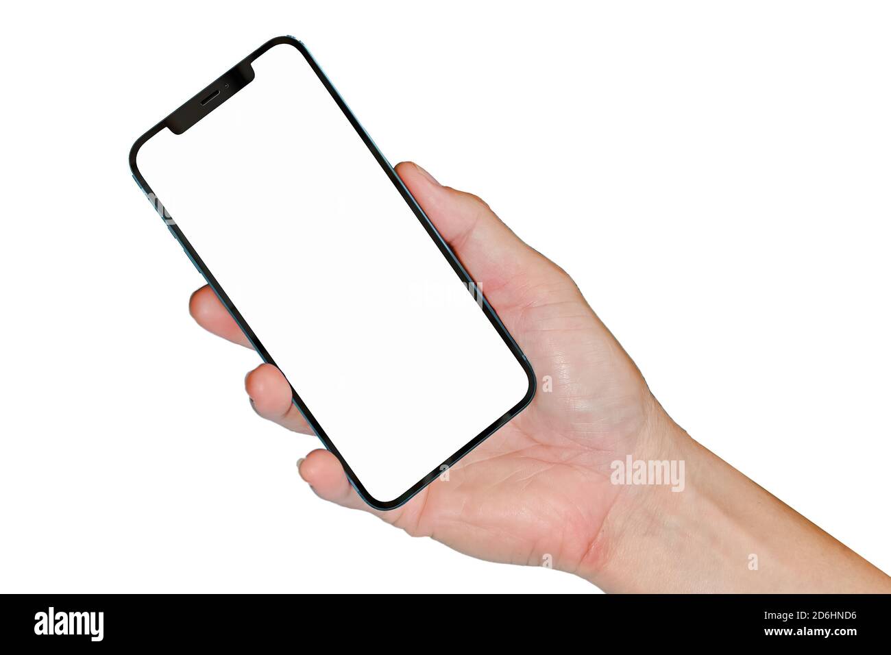 LOEI ,THAILAND,18 OCT 2020 :Hand holding iPhone 12 pro. with blank screen template - modern frameless design. Illustration for presentation web site Stock Photo