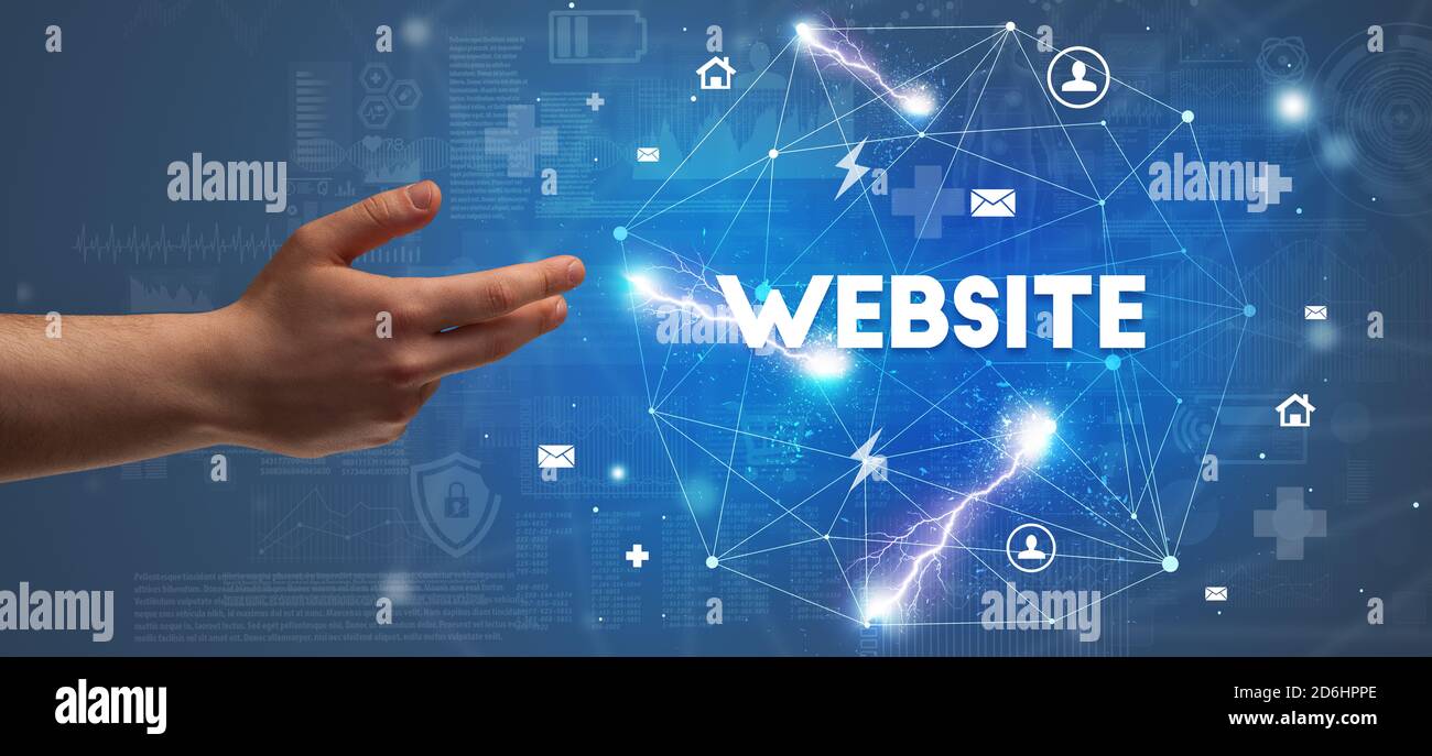 Webiste Hand Sign Hand pointing at WEBSITE inscription, modern technology concept Stock ...