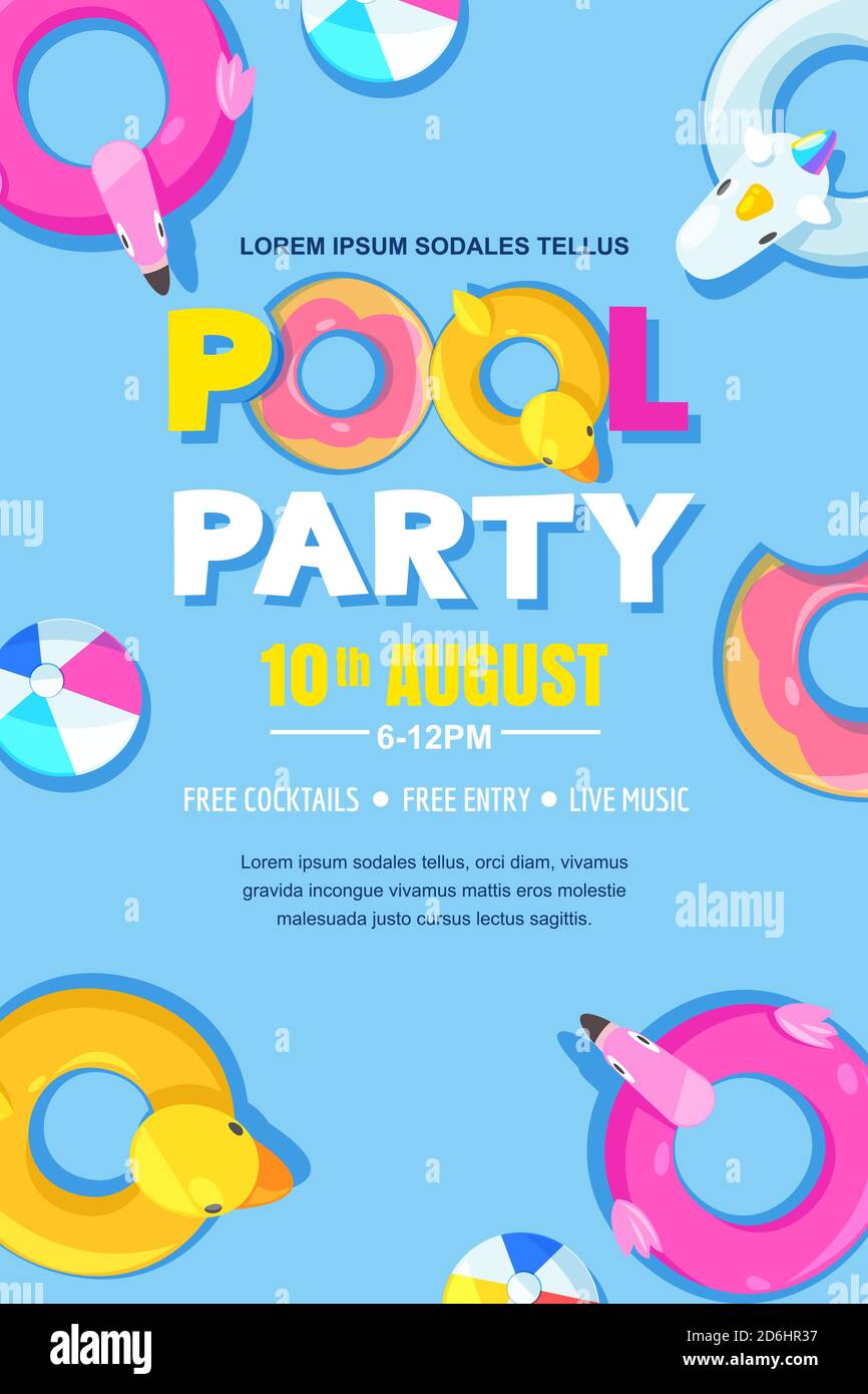 Summer pool party, vector poster, banner layout. Unicorn, flamingo, duck, ball, donut cute floats in water. Top view illustration. Fun holiday backgro Stock Vector