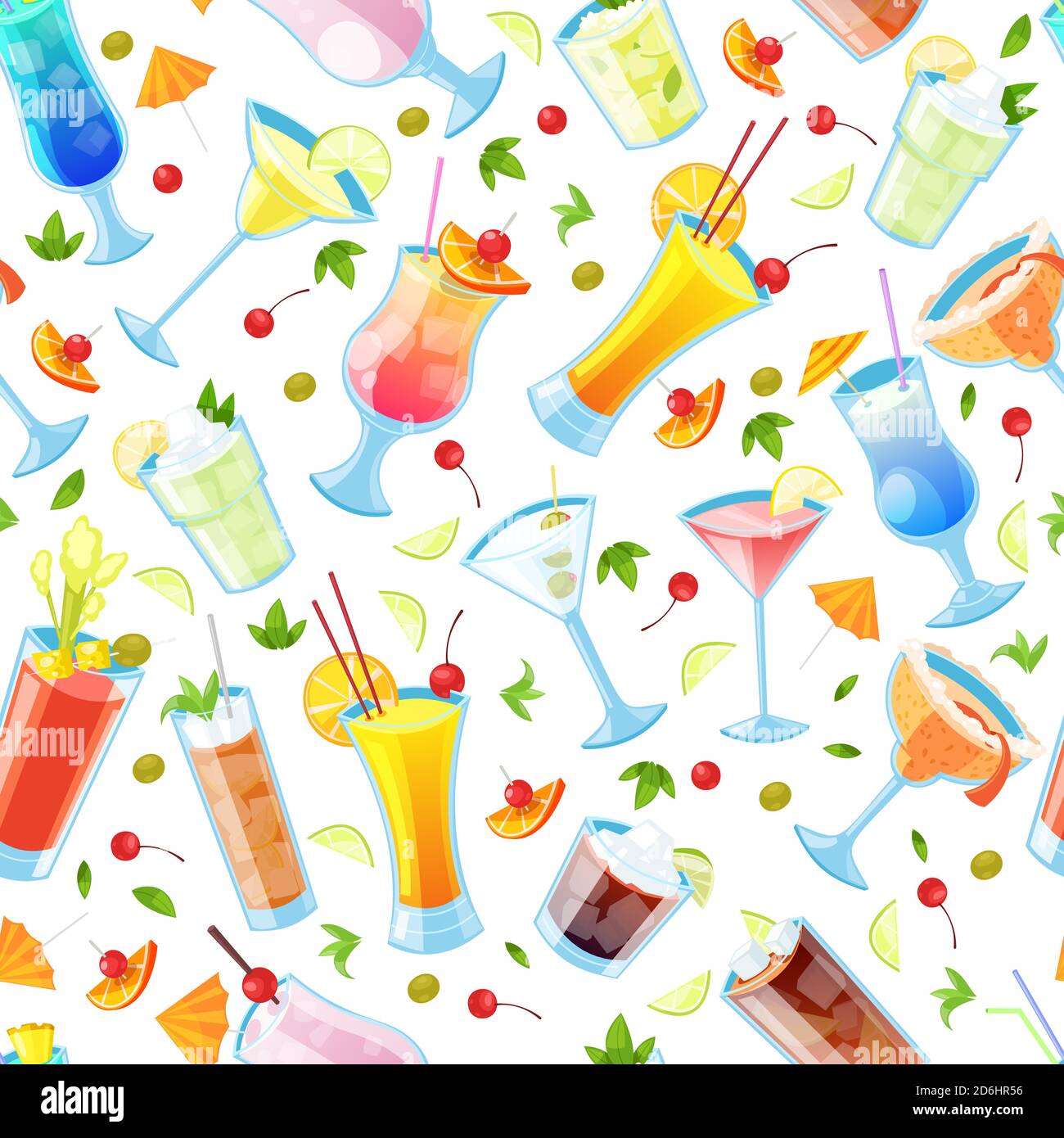 Seamless vector pattern with tropical alcohol cocktails. Beverages and drinks bar, restaurant white background. Stock Vector