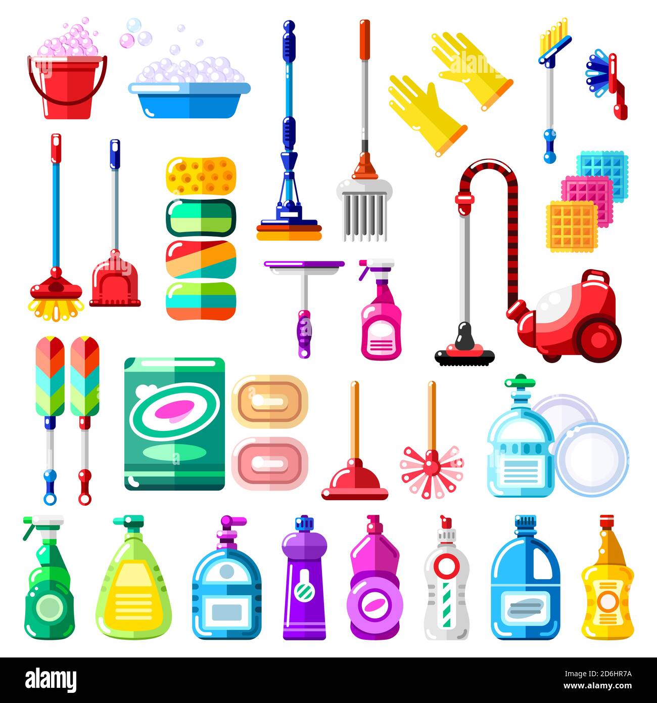 Household cleaning tools, detergent and supplies. Vector illustration of multicolor mop, vacuum cleaner, brush, sponge, broom. House cleaning and hous Stock Vector