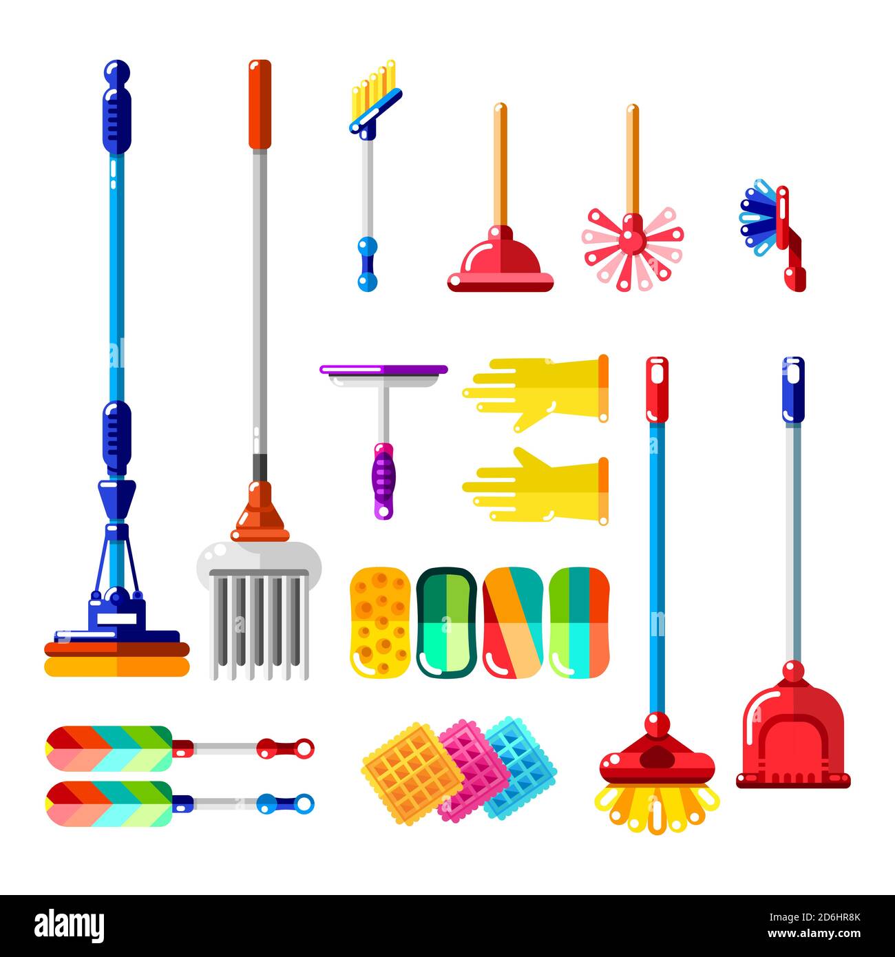 Household cleaning tools and supplies. Vector illustration of multicolor mop, brush, sponge, broom. House cleaning and housework design elements. Stock Vector