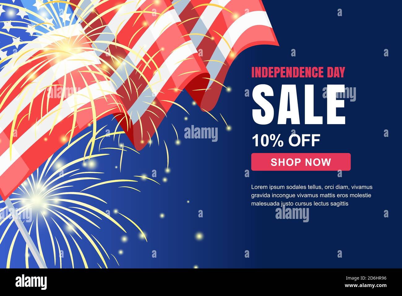 USA Independence Day sale vector banner template. Holiday dark blue background with flag and fireworks. 4 of July celebration concept. Stock Vector