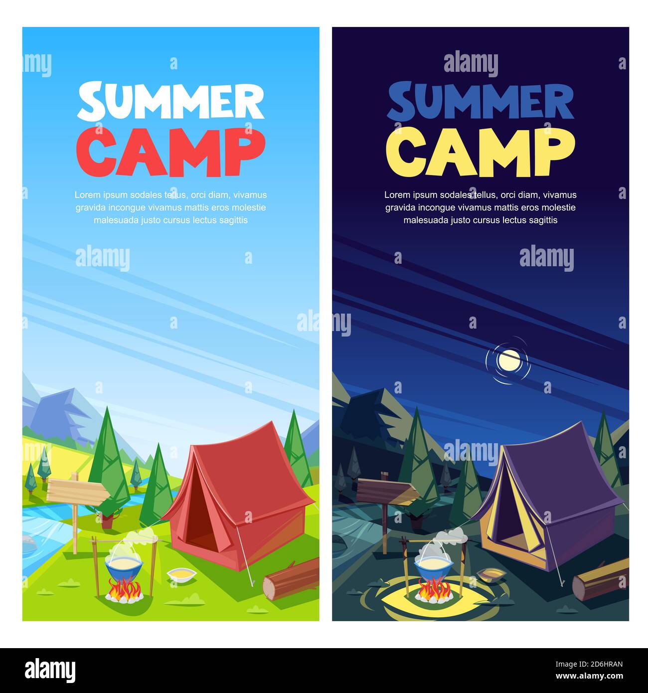 Summer camping vector banner, poster design template. Adventures, travel and eco tourism concept. Touristic camp tent at day and night. Nature landsca Stock Vector