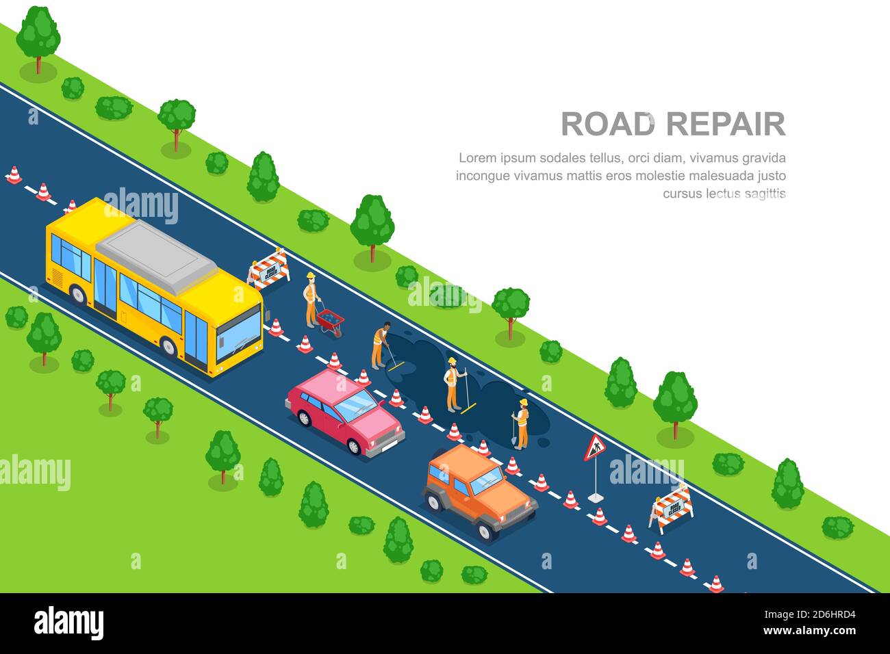 Road repair, roadworks and construction concept. Vector 3D