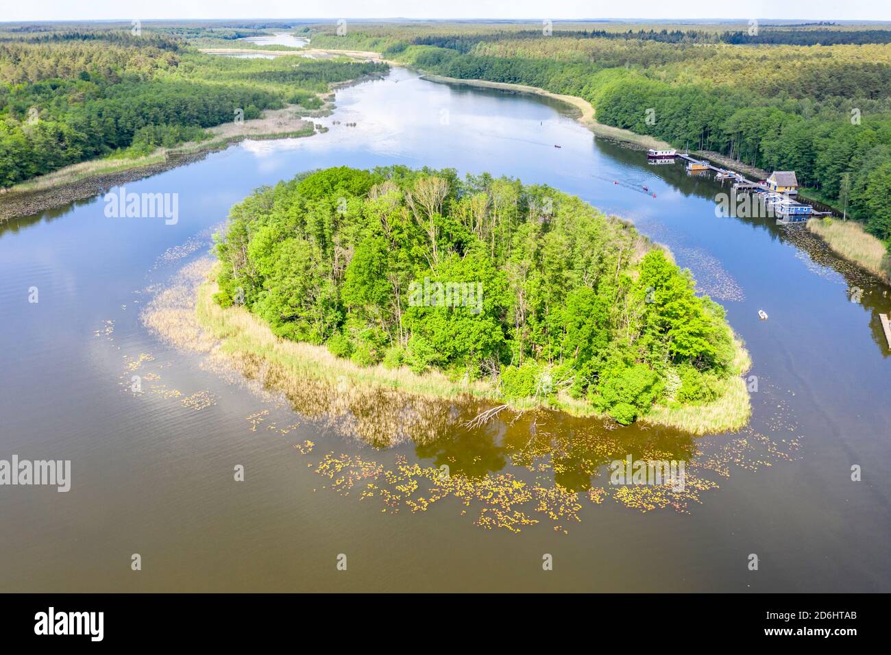 Drone shot, aerial view over island in lake Granzower Möschen, Mecklenburg lake district, Mecklenburg-Vorpommern, Germany Stock Photo