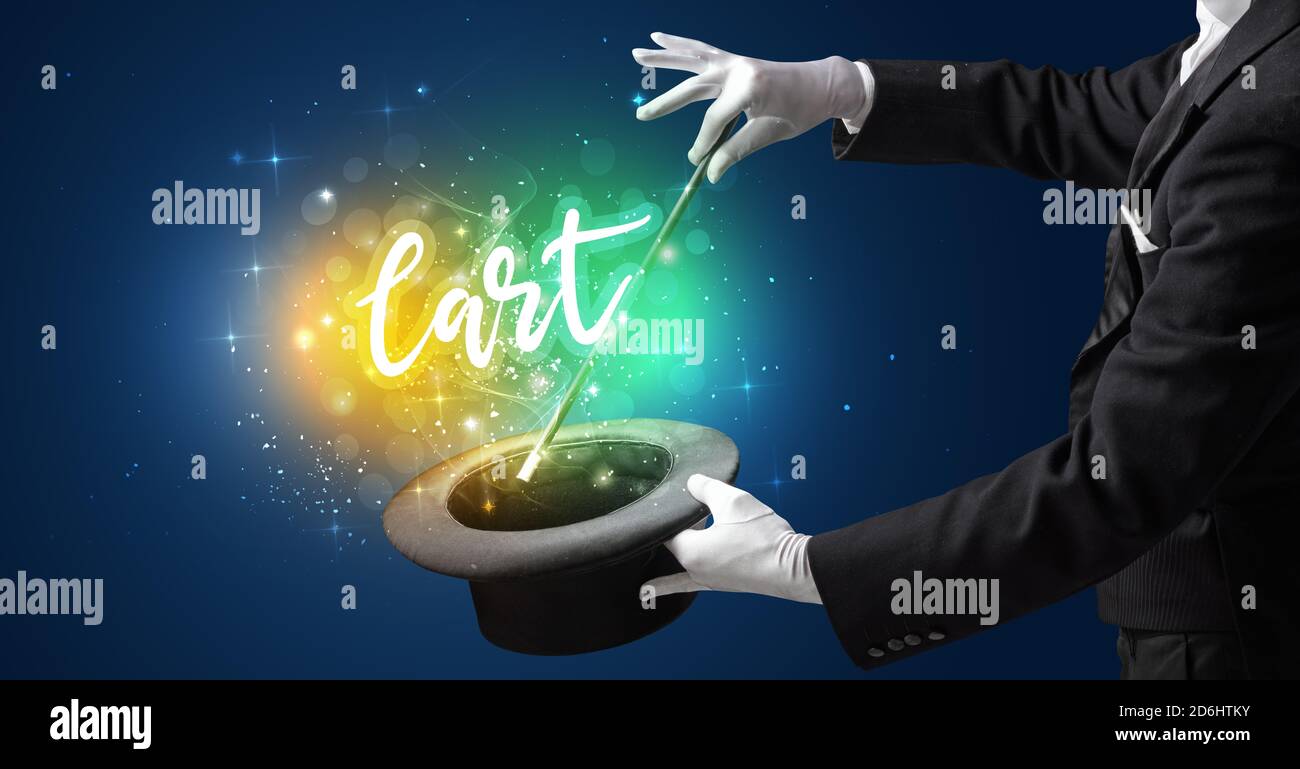 Magician hand conjure with wand and Cart inscription, shopping concept ...
