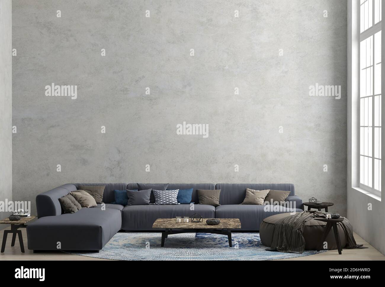 3d rendering of new loft living room with big grey sofa Stock Photo - Alamy