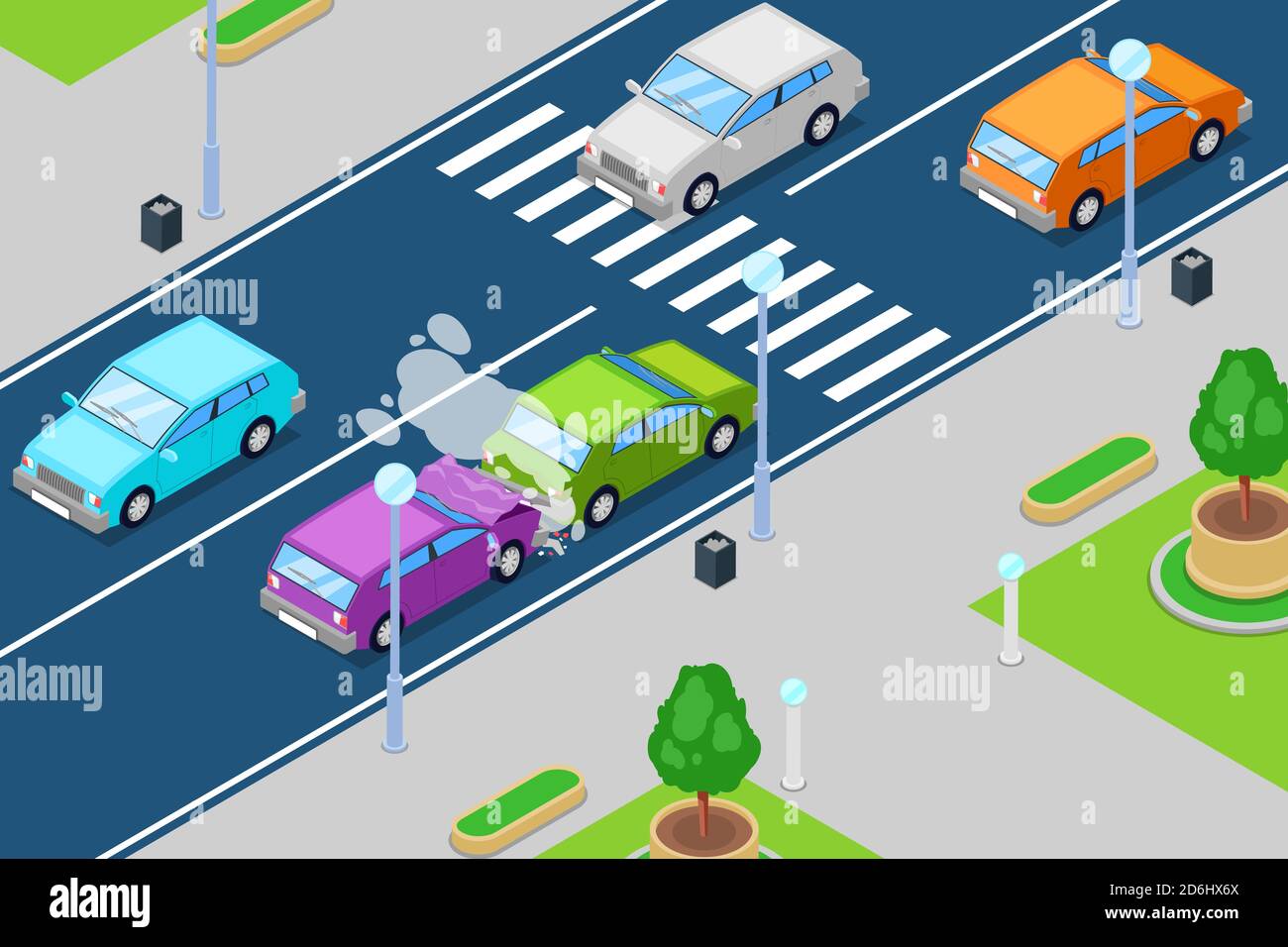 Car crash, vector isometric 3D illustration. Street accident in front of crosswalk. Safety street traffic and road insurance concept. Stock Vector