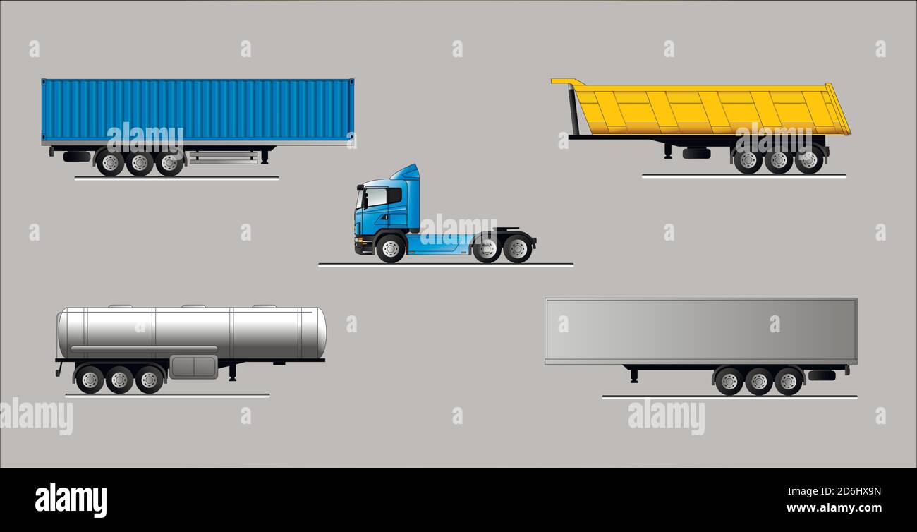 Selection of semi-trailers as part of a road train for various tasks. Vector Stock Vector