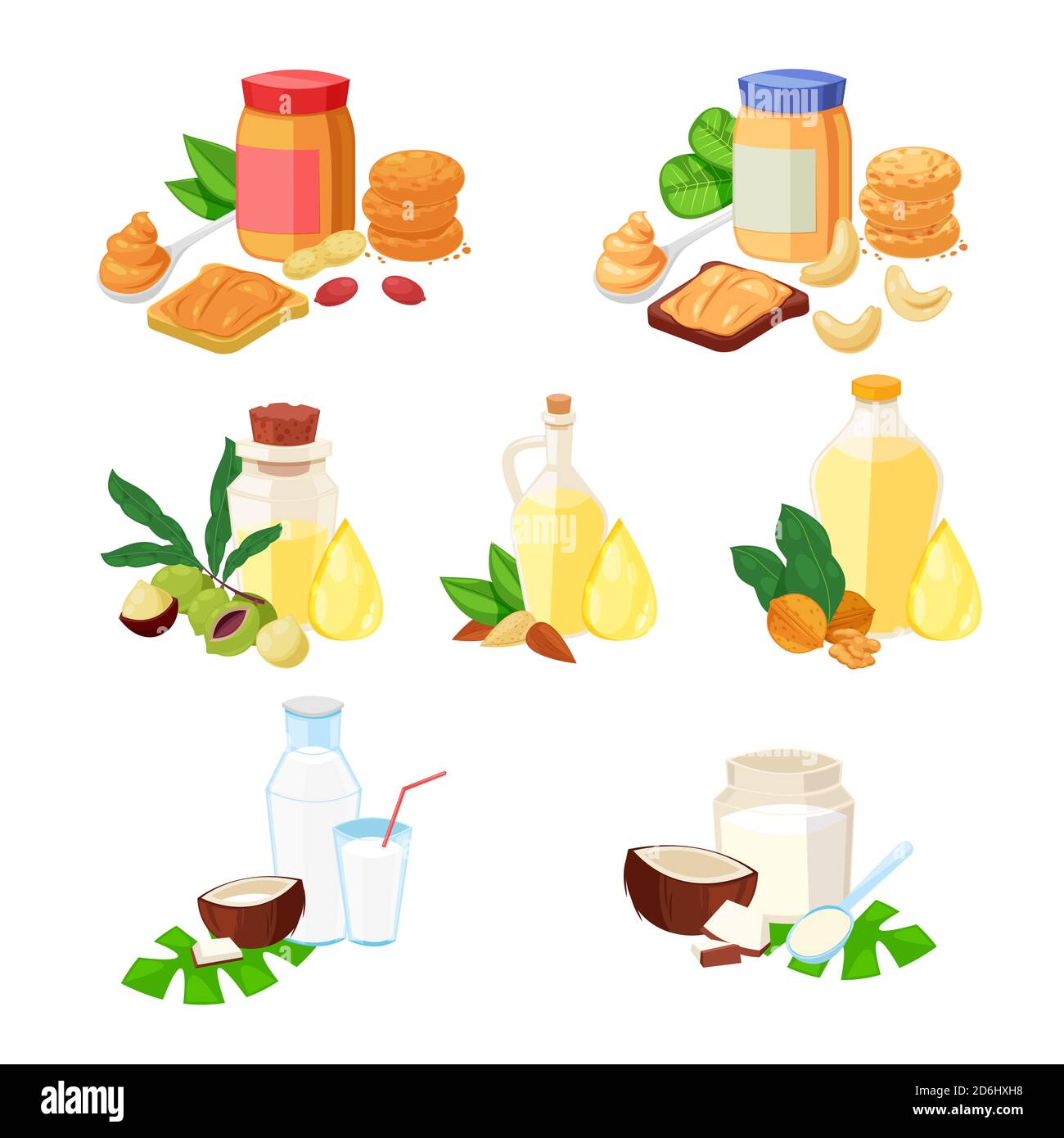 Nuts butter, essential oil and other foodstuff products. Vector cartoon style illustration, icons set and design elements. Stock Vector