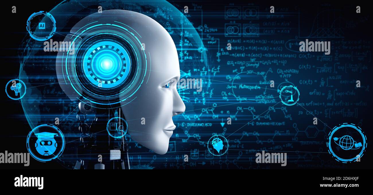 Robot humanoid face close up with graphic concept of engineering science study by AI thinking brain, artificial intelligence and machine learning Stock Photo