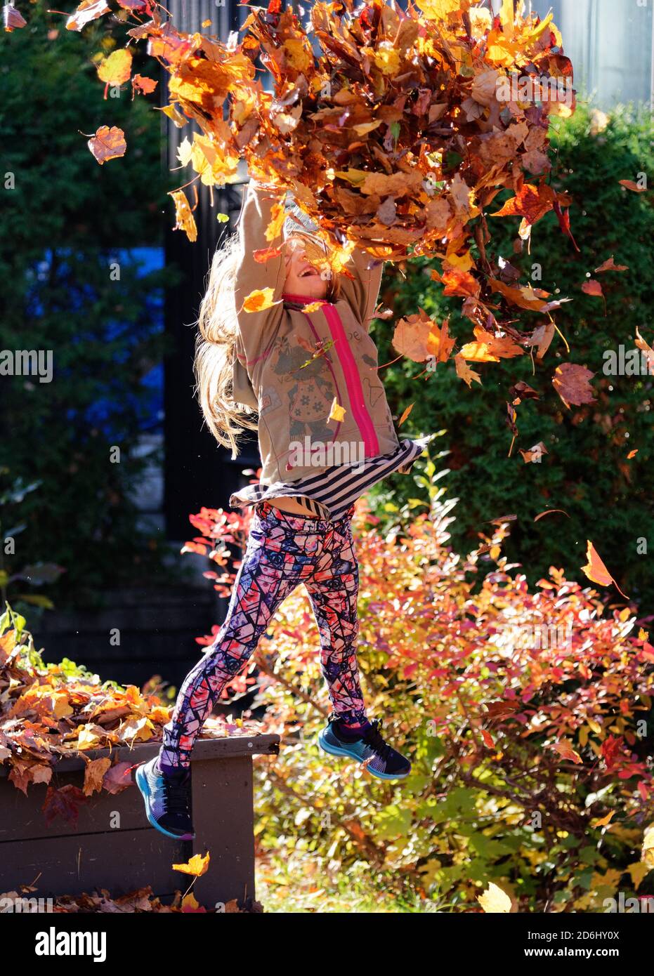 A 6 year old girl, jumping and throwing playing with autumn leaves Stock Photo