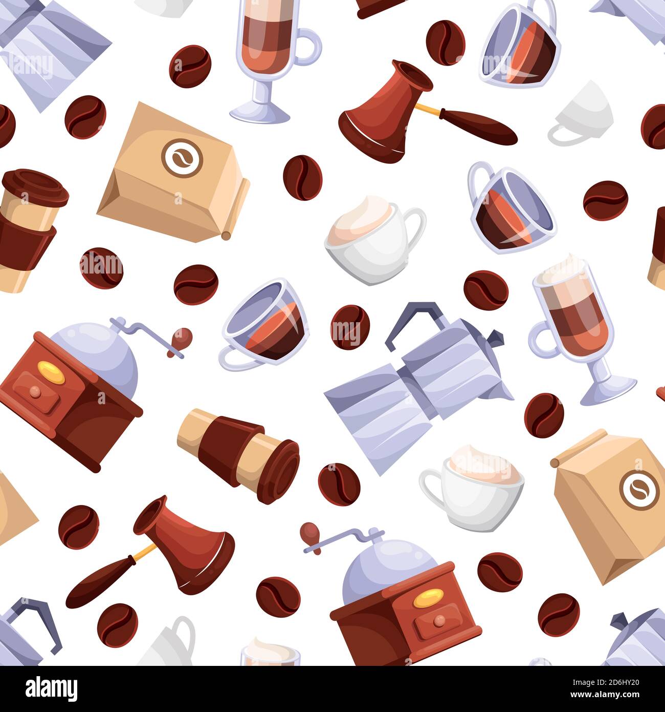 Coffee shop vector seamless white pattern. Cartoon flat illustration. Textile print background design elements. Stock Vector