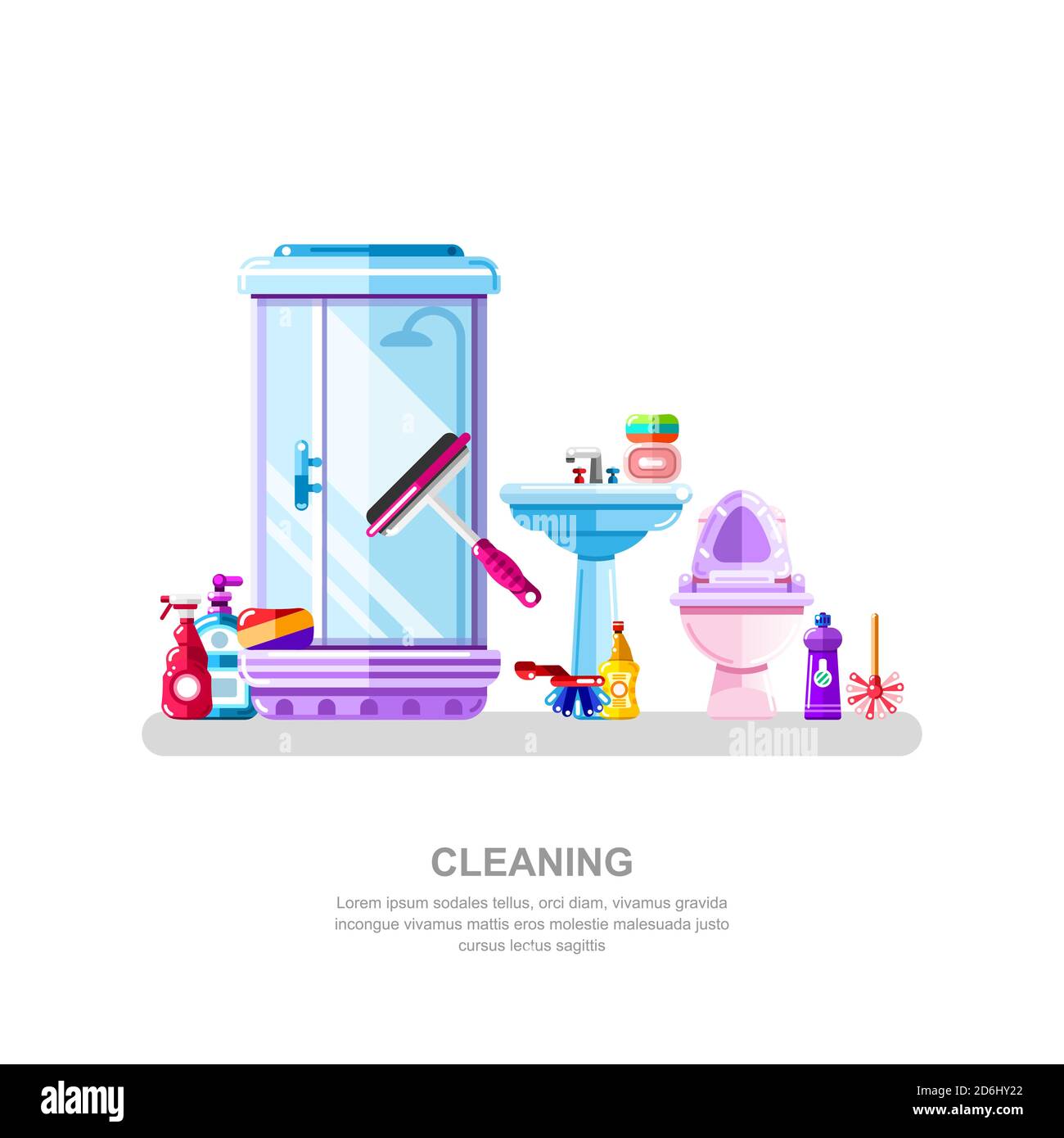 Bathroom and sanitary engineering cleaning. Vector isolated illustration of shower cabin, sink, toilet, cleaning tools and detergents Stock Vector