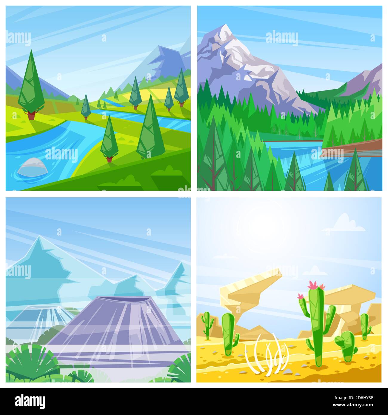 Set of vector landscape illustrations. Mountains, green hills and meadows, desert and volcanoes view. Outdoors and summer travel background. Stock Vector