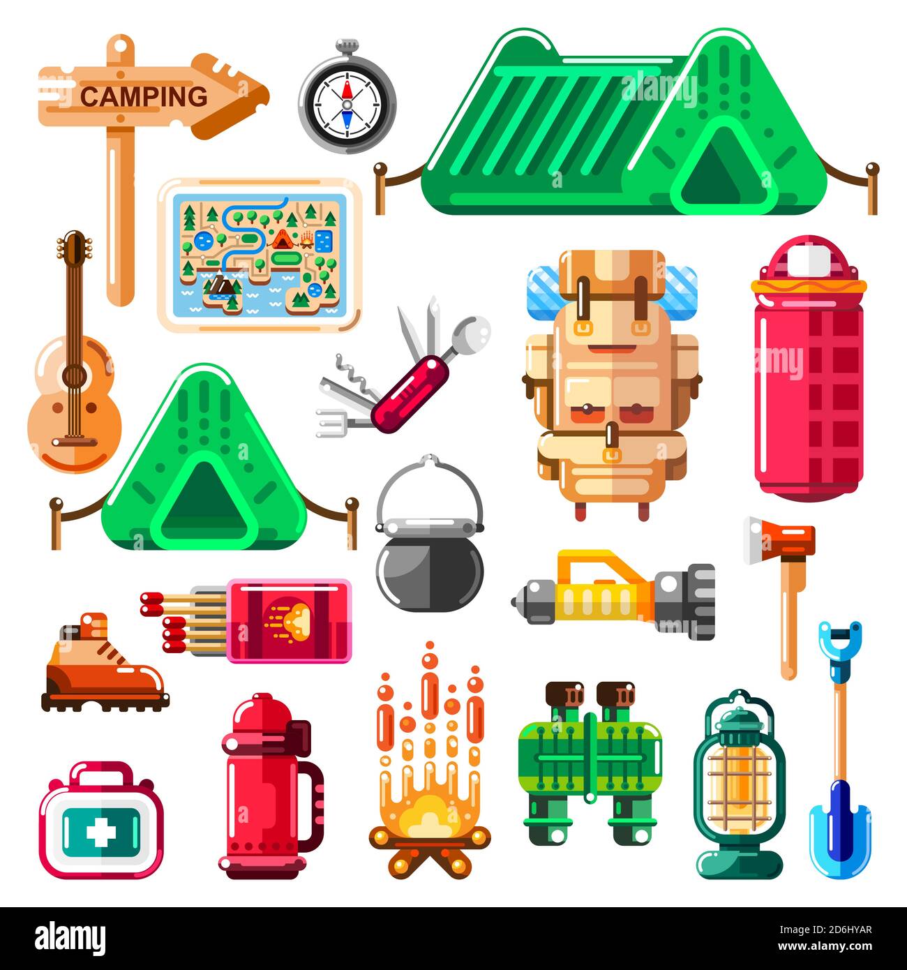 Camping icons and isolated design elements set. Vector camp stuff, equipment and tools. Stock Vector