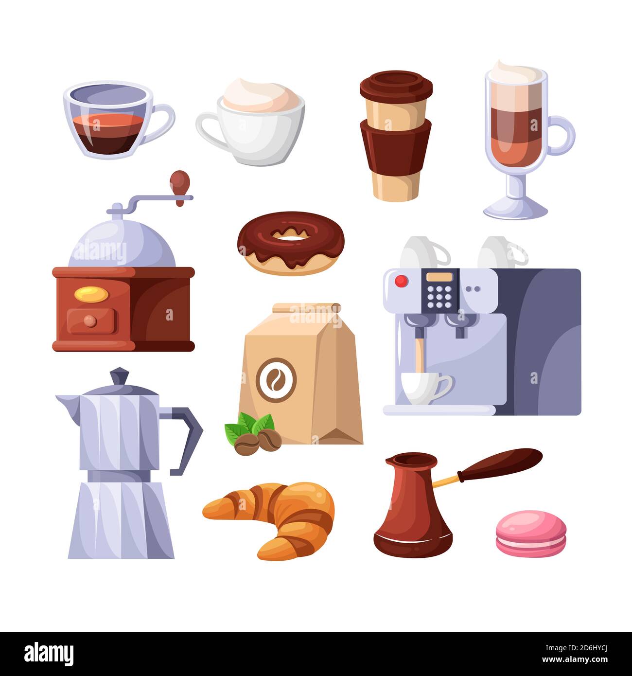 Coffee shop vector isolated icons. Espresso, cappuccino cup, sweet desserts, coffee machine cartoon illustration. Cafe or restaurant breakfast menu de Stock Vector
