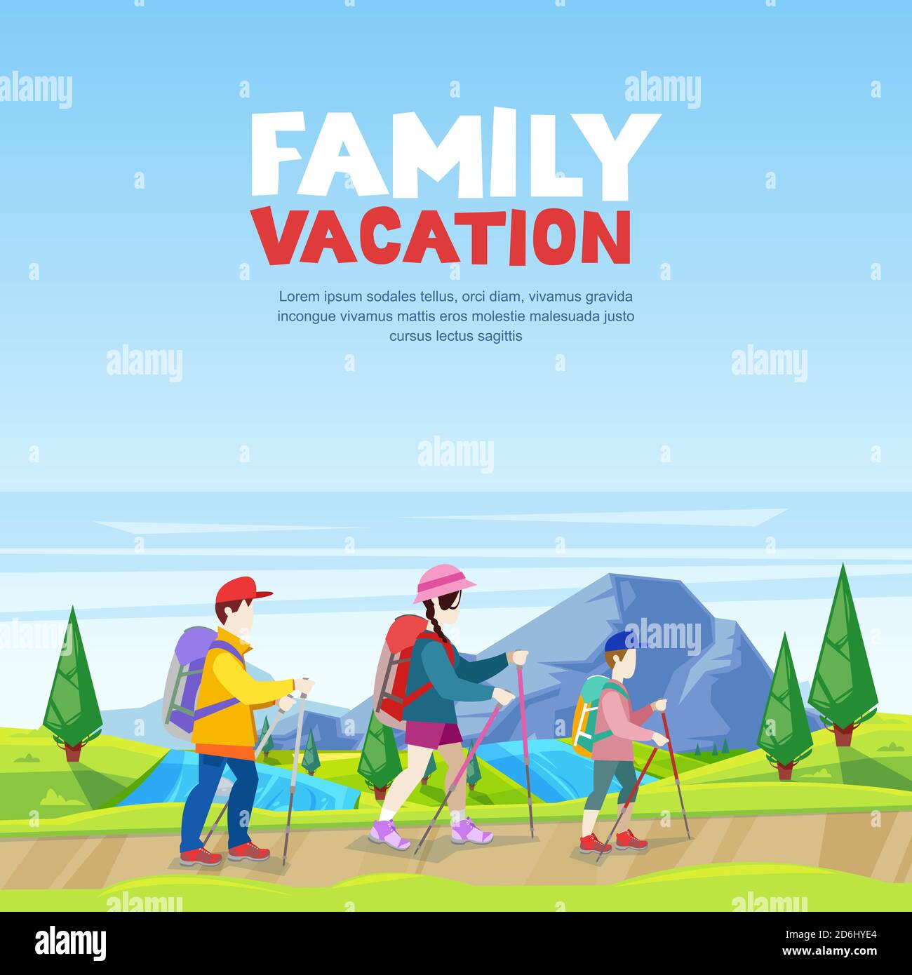 Family vacation, hiking and outdoors sports activity. Mom, dad and son walking on mountain road. Vector cartoon style illustration. Stock Vector