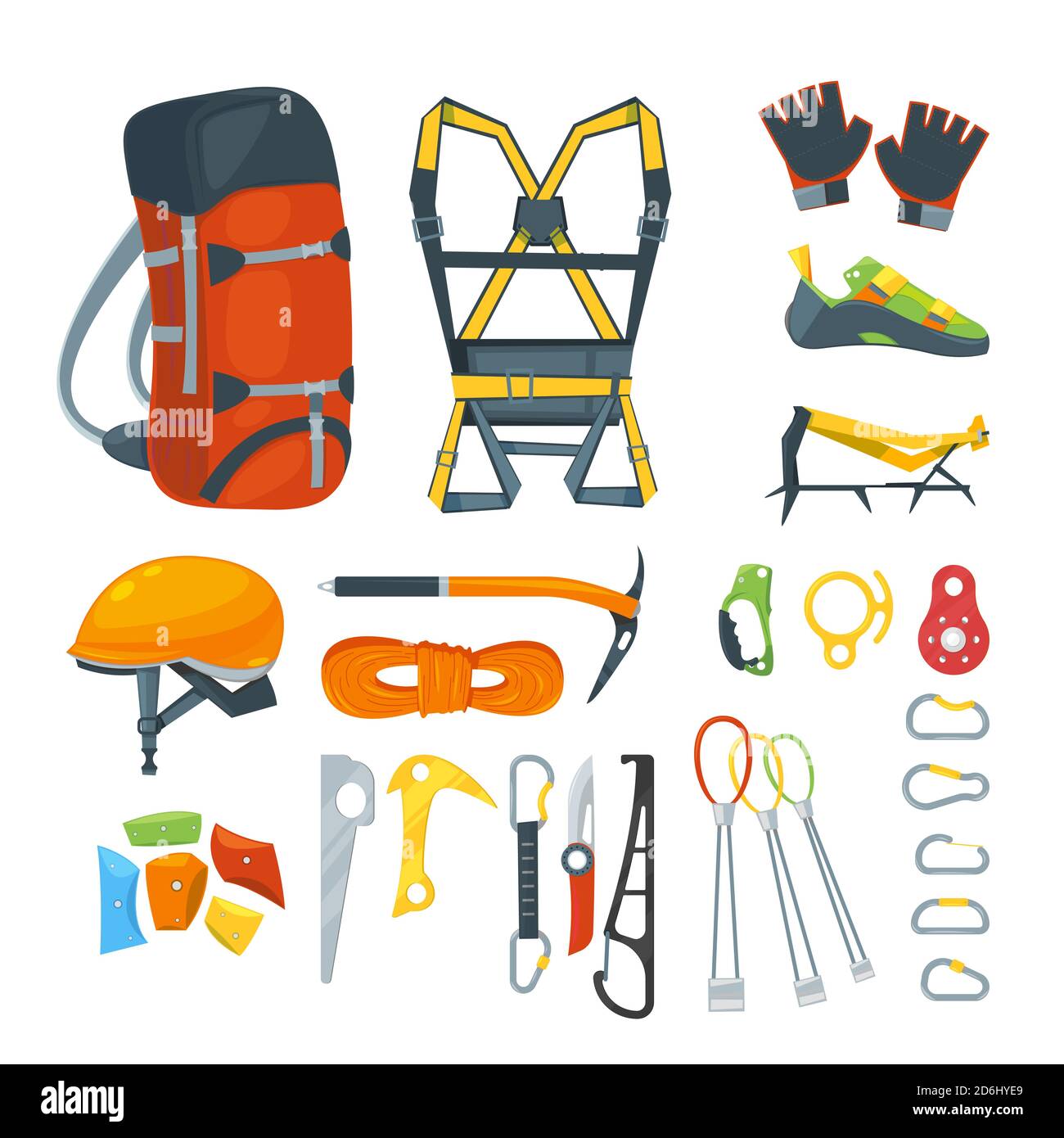 Climbing equipment, vector icons and design elements set. Mountaineering extreme sport gears and accessories, cartoon style illustration. Stock Vector