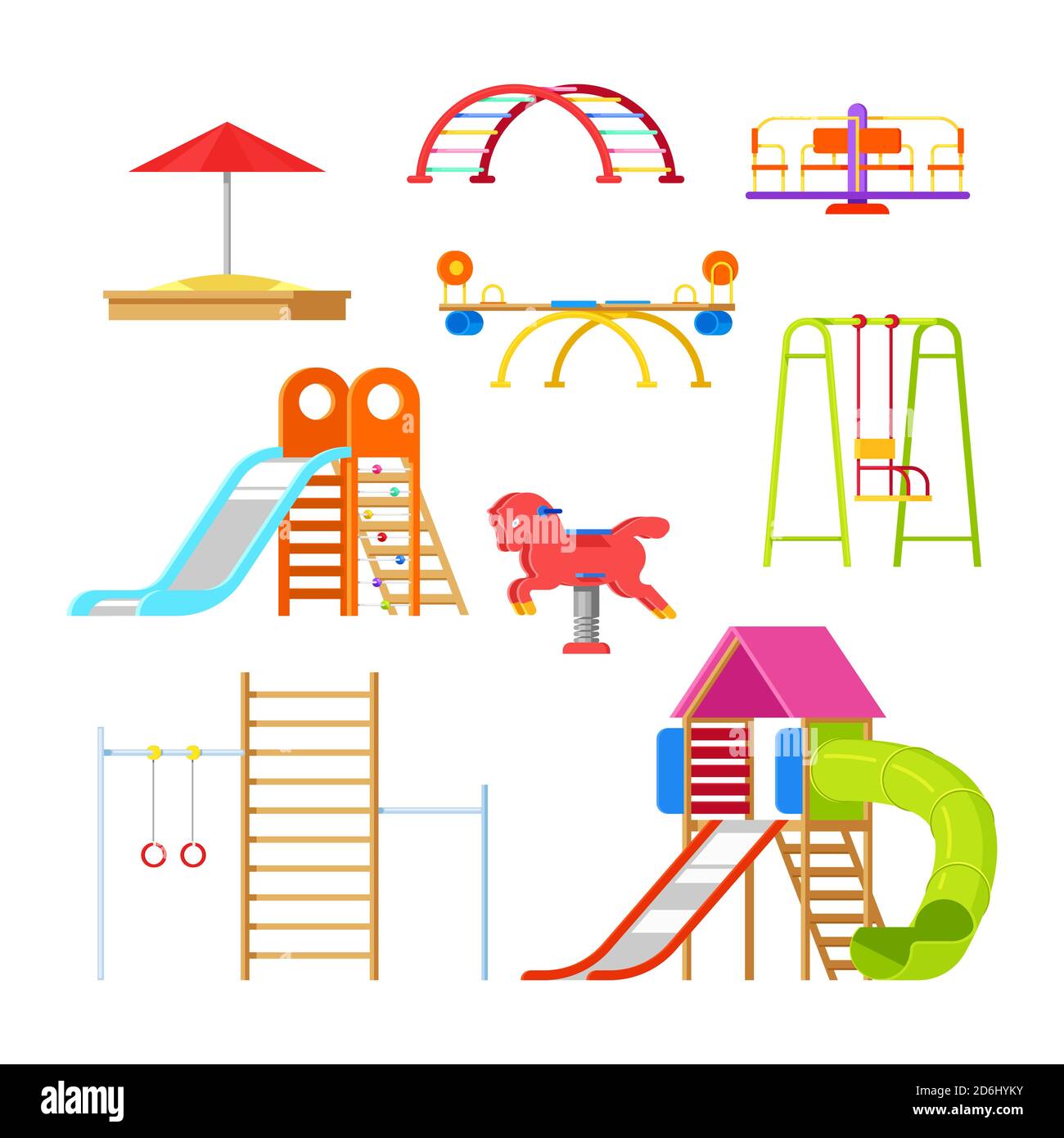 Kids playground and kindergarten, isolated icons and design elements. Swing, slide, sandbox and other outdoor play equipment. Vector cartoon illustrat Stock Vector