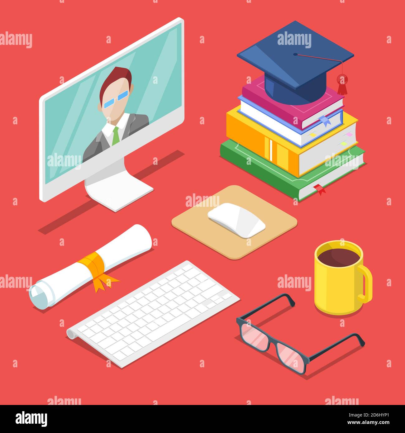 Online education concept. Vector 3d isometric icons of internet learning, training and study. Stock Vector