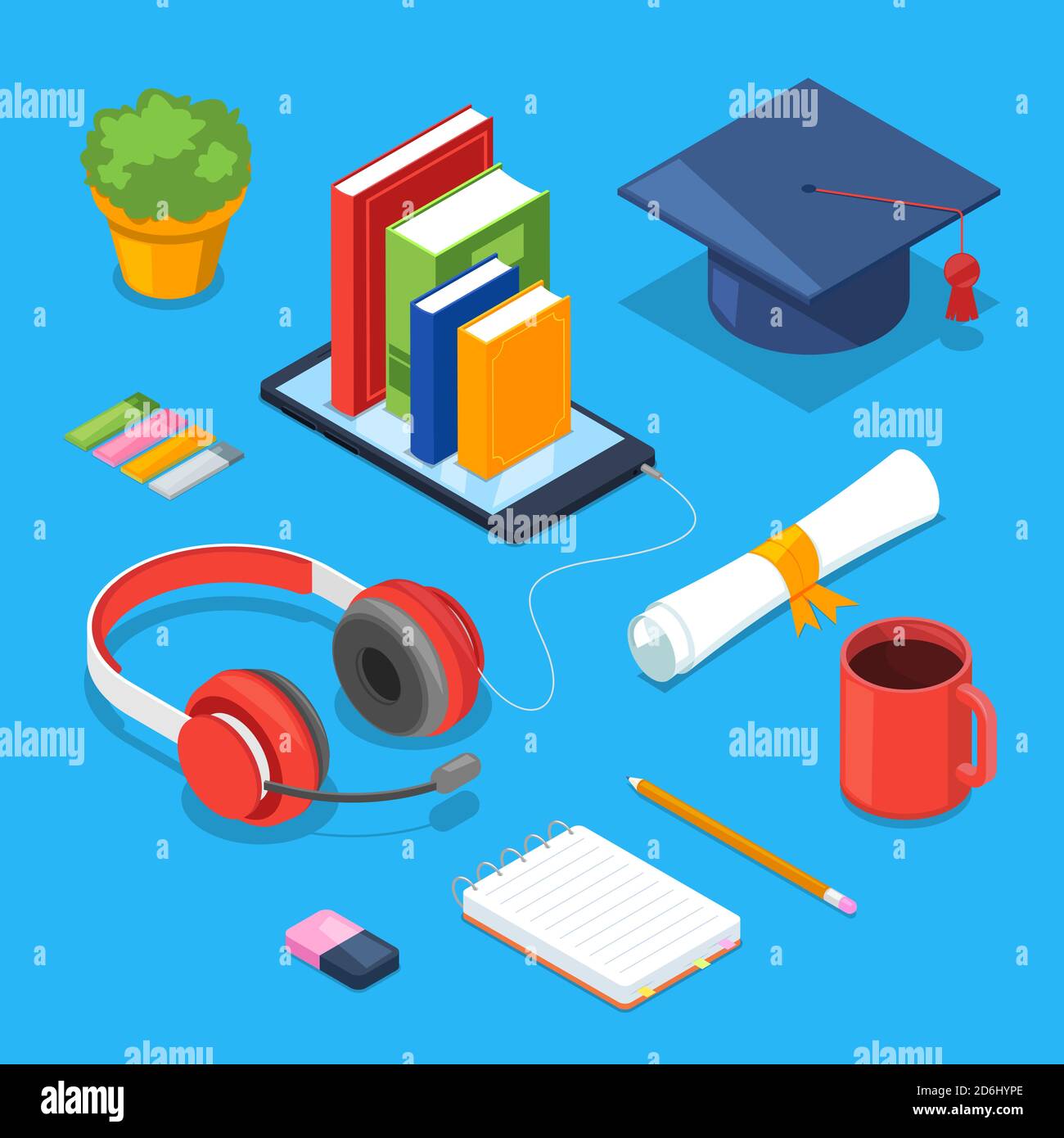 Online education concept. Vector 3d isometric icons of smartphone, books, headphones. Audio learning, training and study Stock Vector