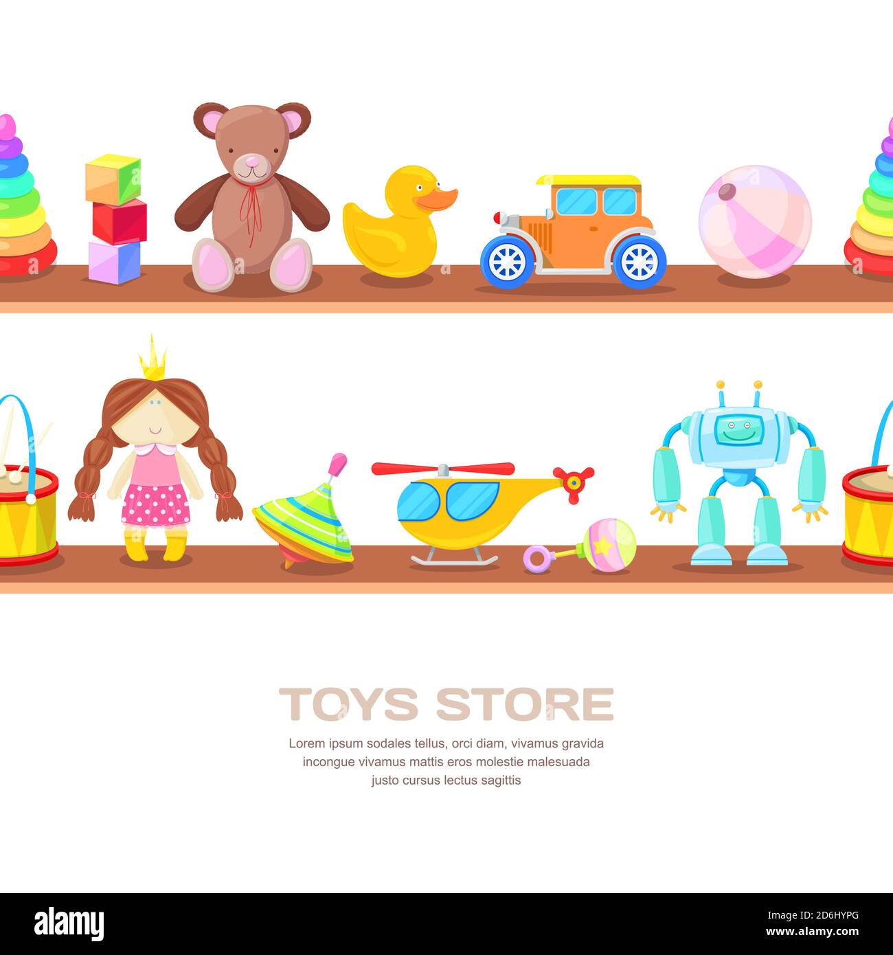 Wooden shelves with different kids toys, isolated illustration. Horizontal seamless vector white background. Stock Vector