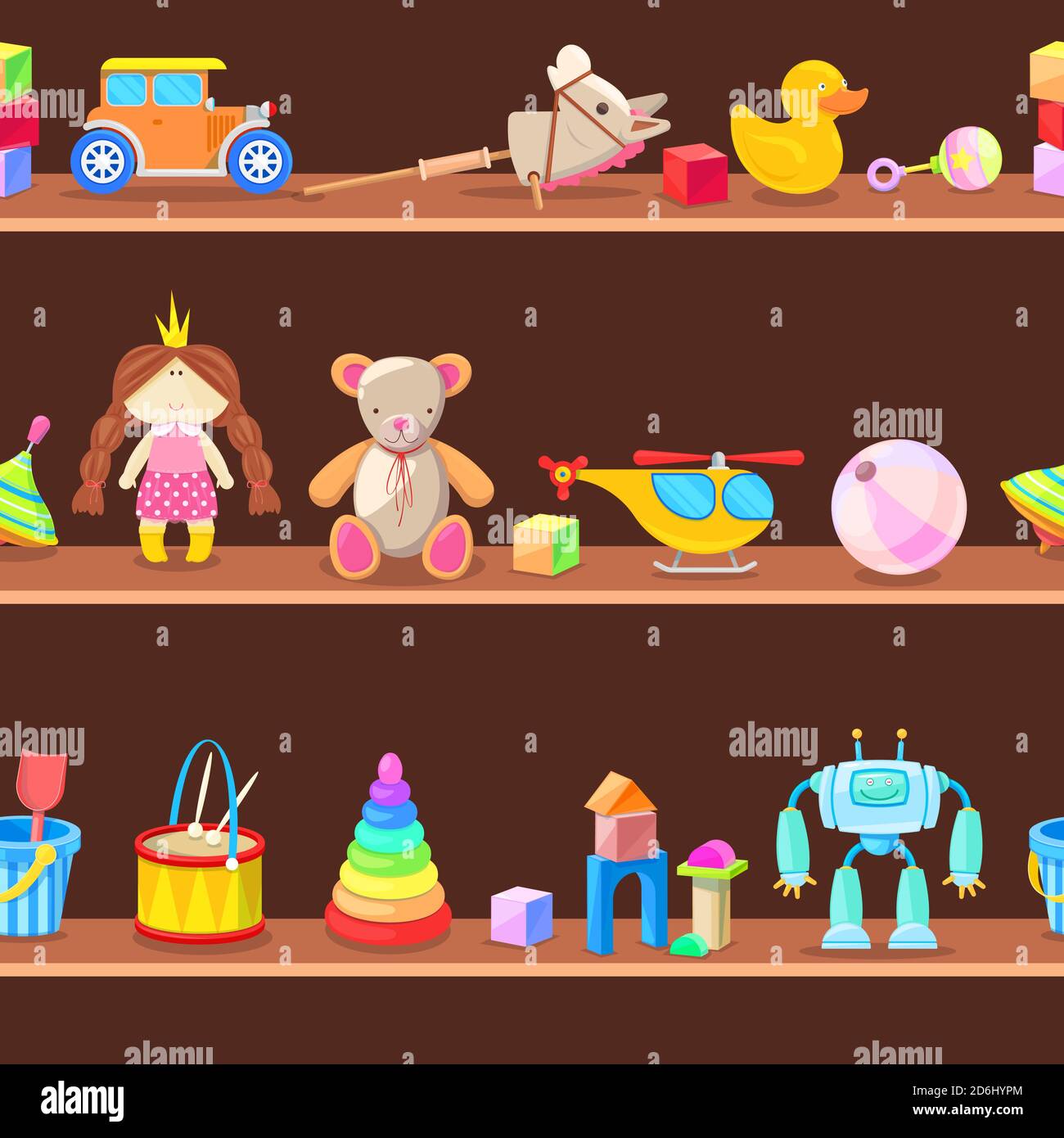 Wooden cabinet with kids toys on shelves. Seamless vector background. Playroom or store illustration. Stock Vector