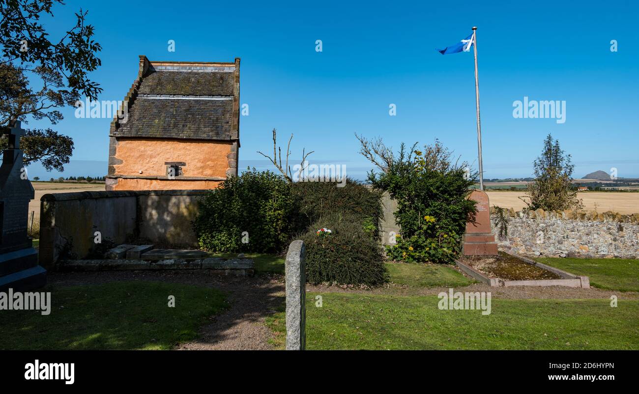 National flag heritage centre in old lime washed dovecote with saltire flay flying, Athelstaneford, East Lothian, Scotland, UK Stock Photo