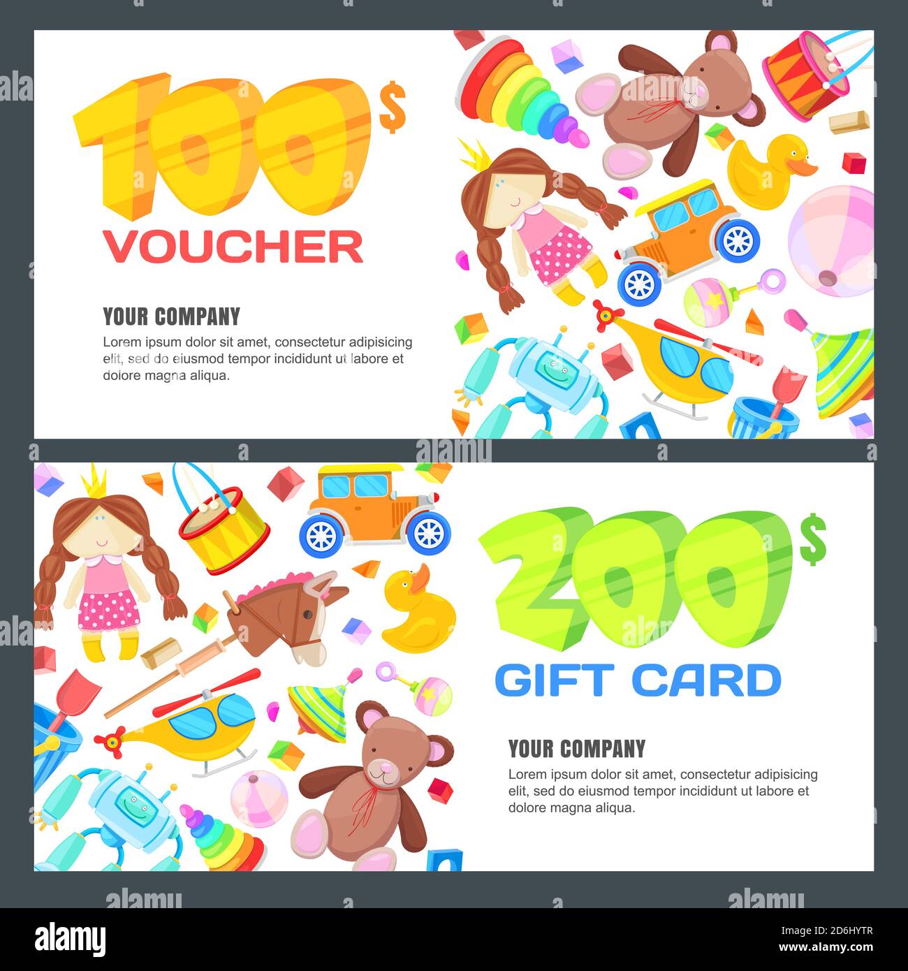 Gift card, voucher, certificate or coupon vector design layout. Discount banner template for kids toys store. Stock Vector