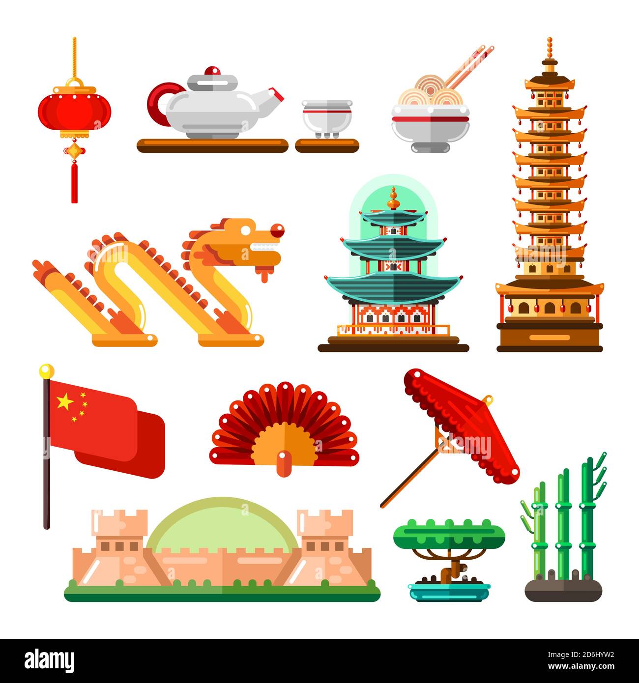 Travel to Asia, China icons and isolated design elements set. Vector Chinese culture symbols, landmarks and food. Stock Vector