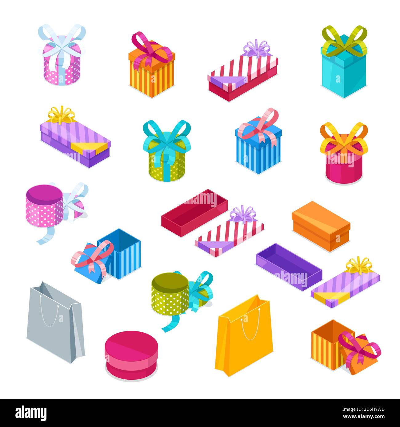 Multicolor gift boxes, vector 3d style isometric icons. Open and close ...