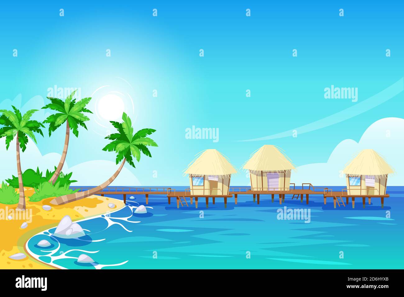 Tropical island landscape, vector illustration. Palms, beach and bungalows in the ocean. Summer travel cartoon background. Stock Vector