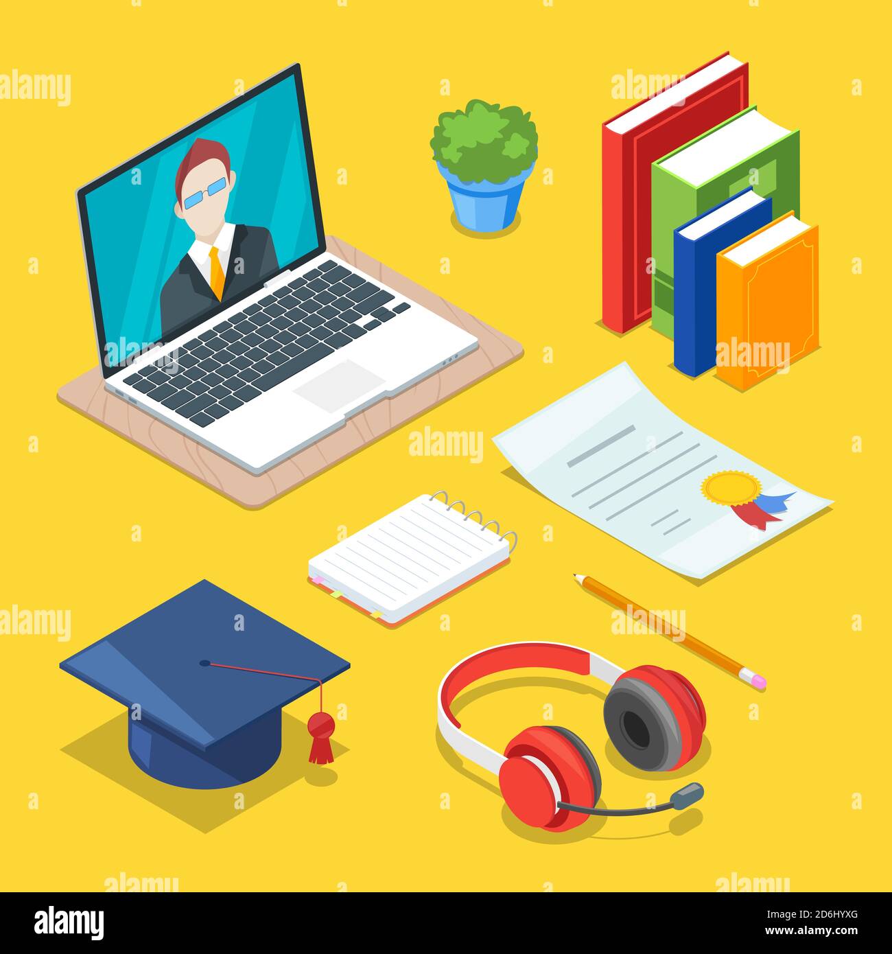 Online education and study concept. Vector 3d isometric icons of internet learning and training. Stock Vector