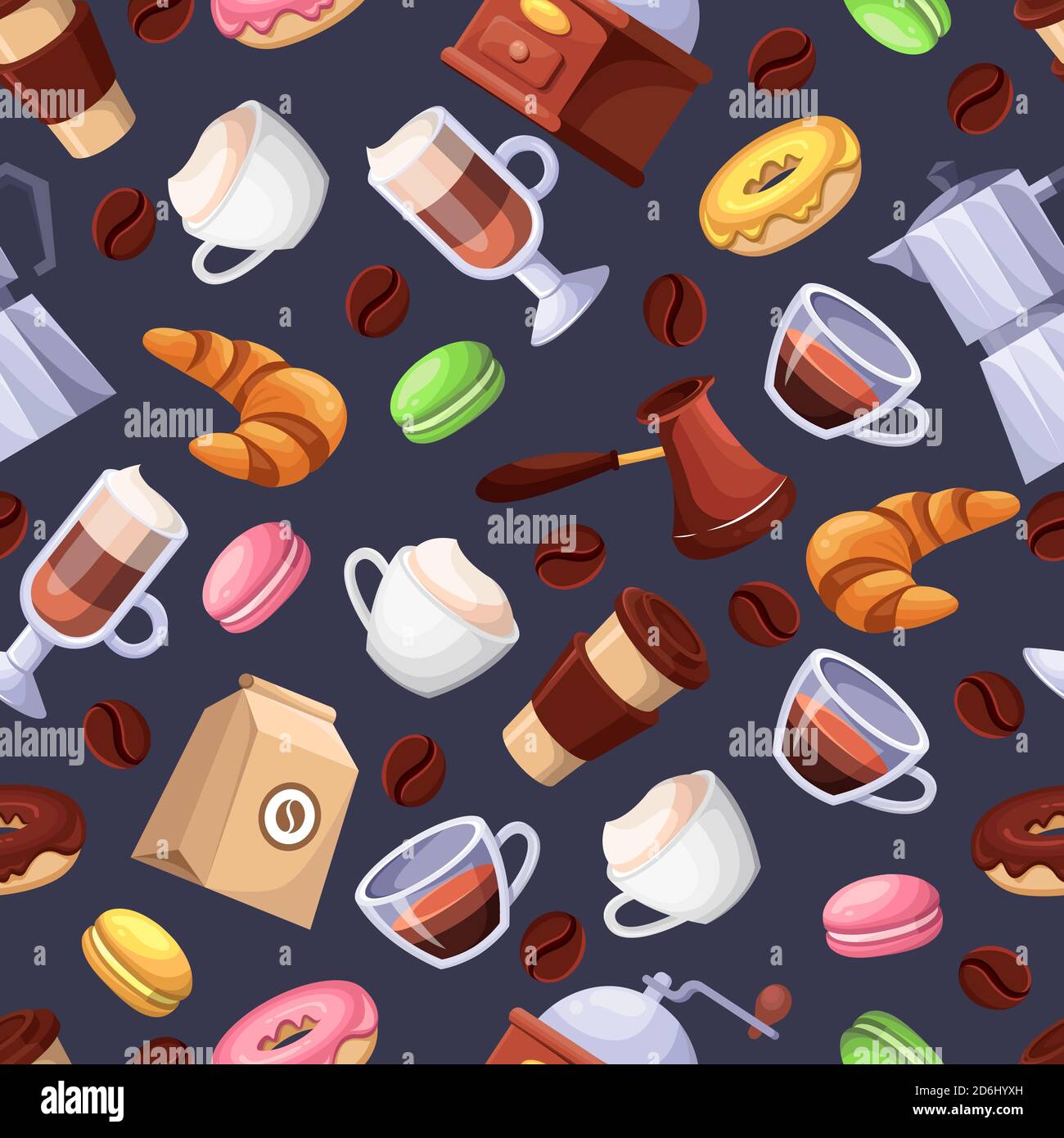 Coffee shop and sweet desserts, vector seamless black pattern. Cartoon flat illustration. Textile print background design elements. Stock Vector