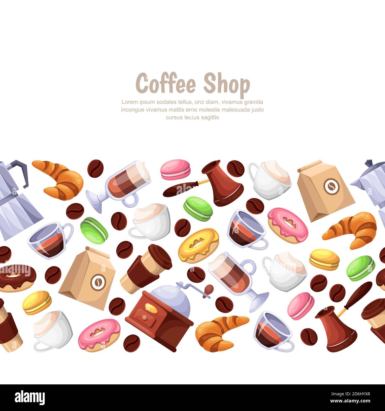 Coffee shop and sweet desserts, vector horizontal seamless white background. Cartoon flat illustration. Design elements for cafe or bakery. Stock Vector