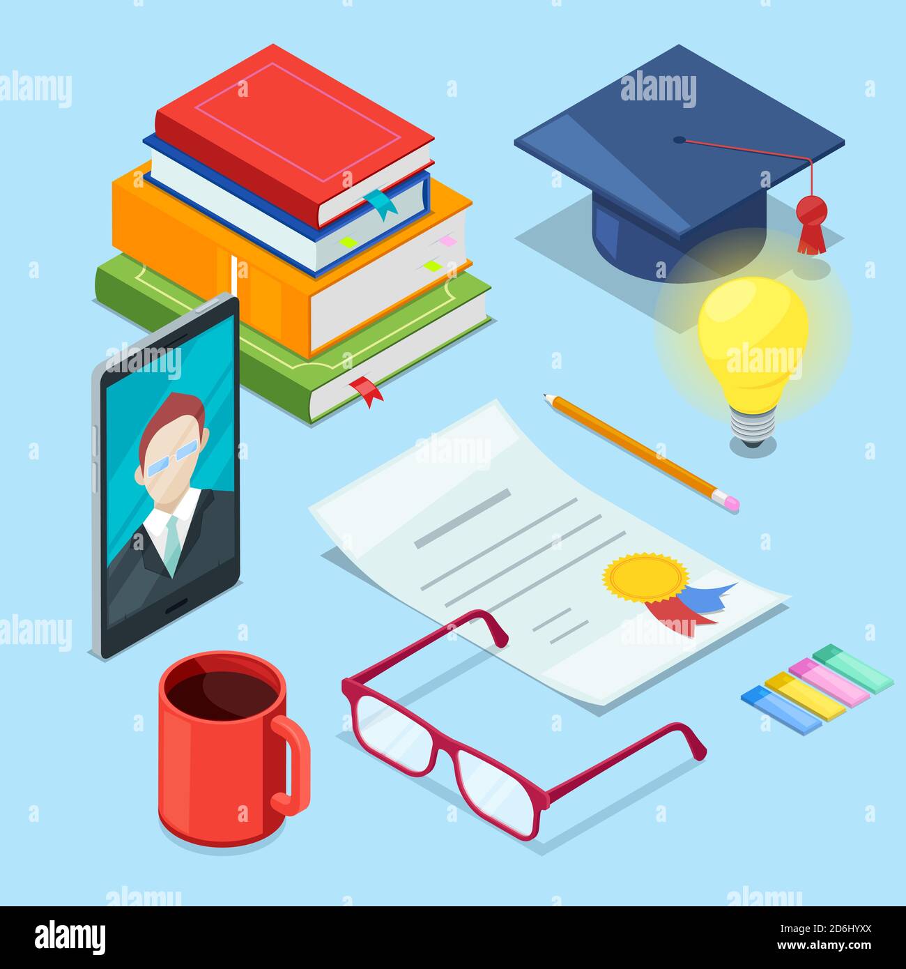 Online education and study. Vector 3d isometric icons of smartphone, books and diploma. Web learning and training concept. Stock Vector