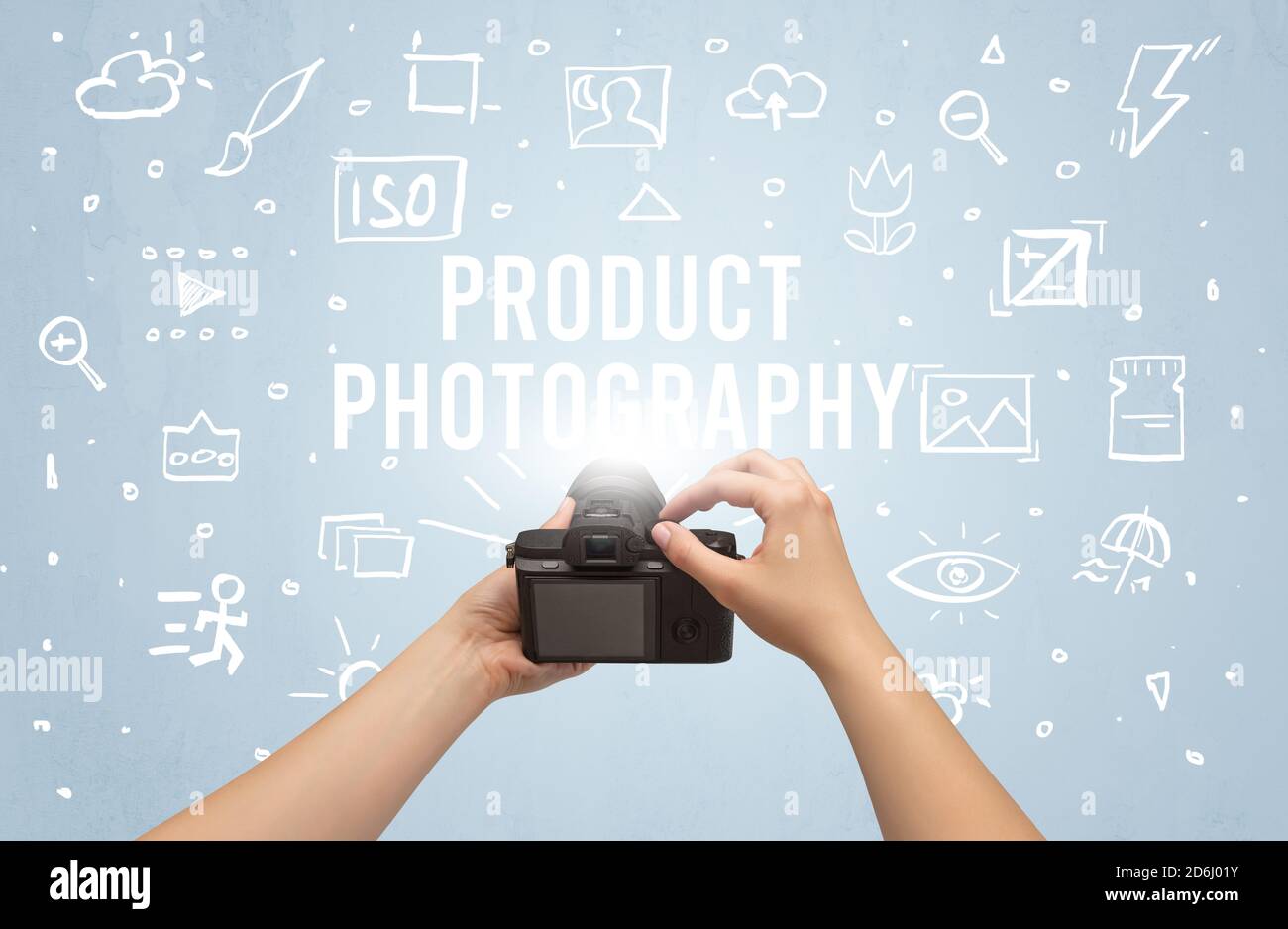 Hand taking picture with digital camera and PRODUCT PHOTOGRAPHY  inscription, camera settings concept Stock Photo - Alamy