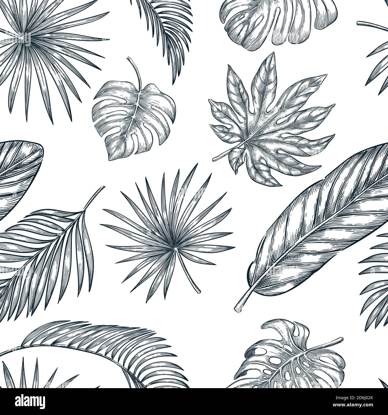 Tropical palm leaves seamless vector pattern. Sketch hand drawn illustration of jungle exotic plants. Fashion textile print or background design. Stock Vector