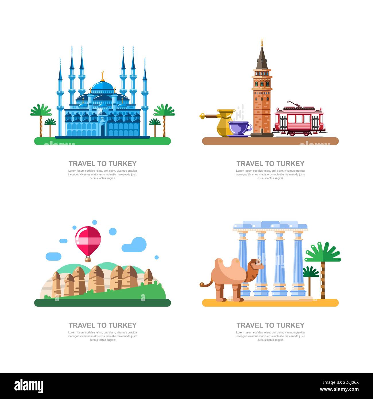 Travel to Turkey design elements. Istanbul blue mosque, Cappadocia, Galata tower vector isolated illustration. Stock Vector