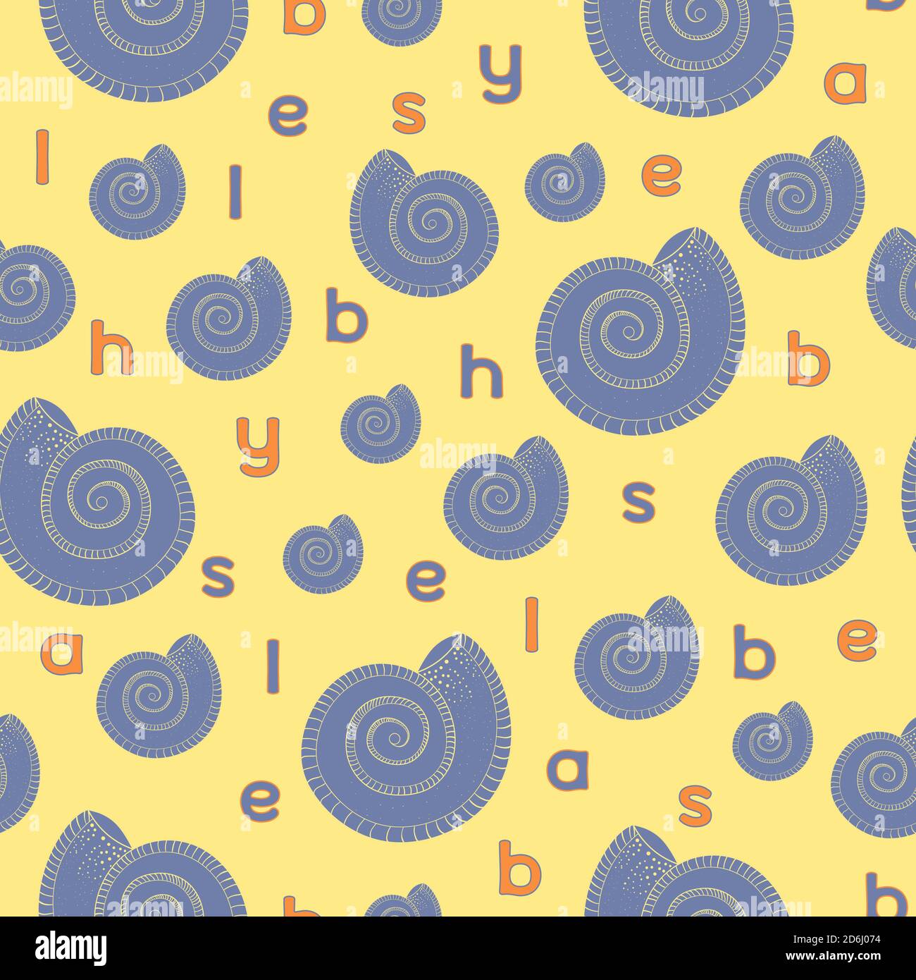 Childrens pattern. Seamless pattern with seashell and english alphabet on a yellow background. Stock Vector