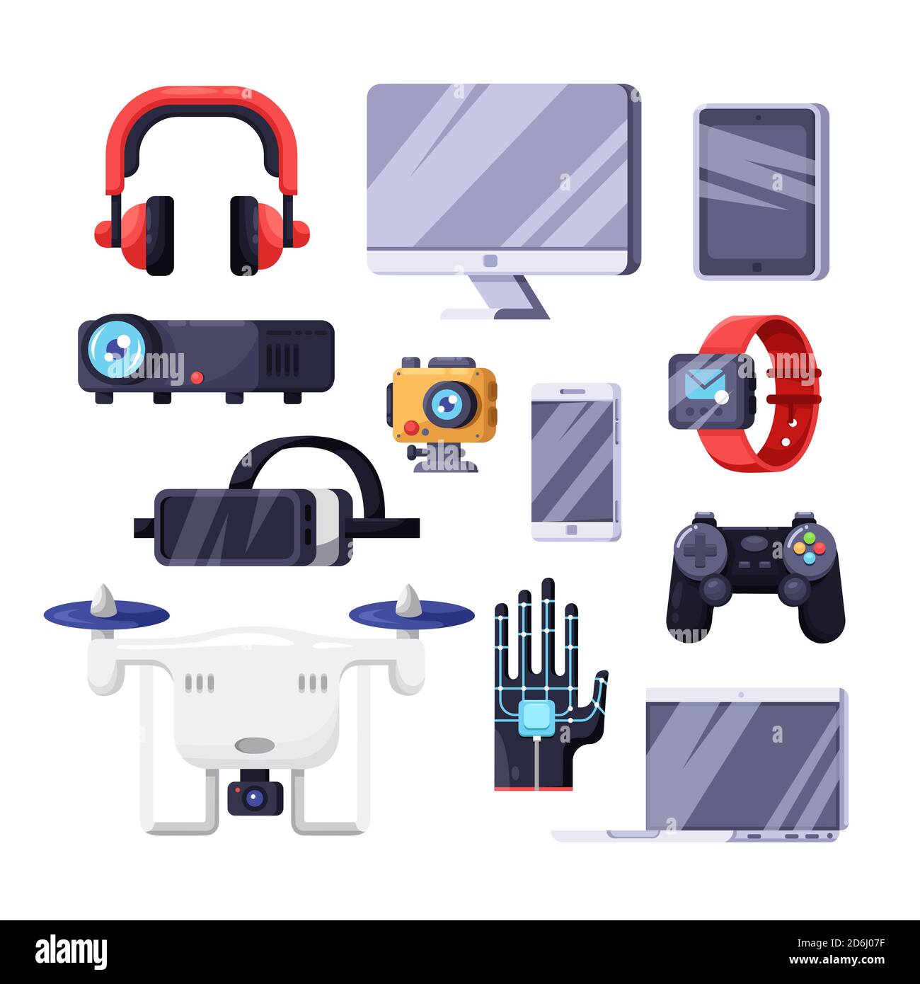 Modern smart gadgets, multimedia, technology and electronics symbols. Vector isolated flat icons set. Stock Vector