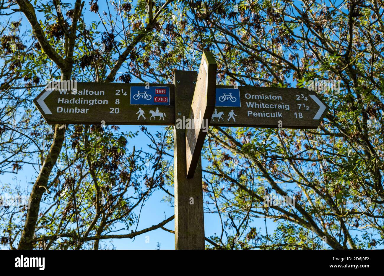 Footpath signpost on Pencaitland railway walk and cycle route 196 on a  sunny day, East Lothian, Scotland, UK Stock Photo