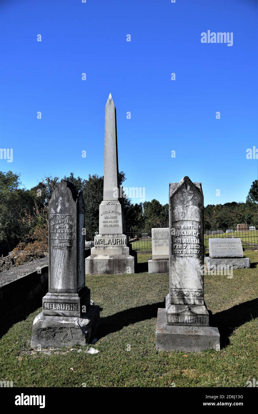 The grave of Governor Anselm J. McLaurin, former Governor of the State of Mississippi. Governor McLaurin is interred in the old Brandon Cemetery. Stock Photo
